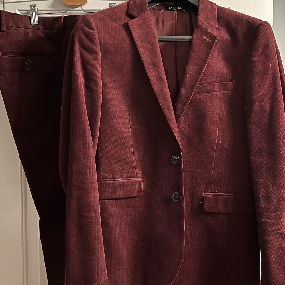 Express Men Burgundy Corduroy Full Suit Jacket and Pant